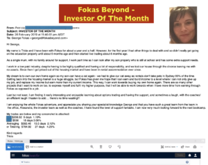 Tricia, Fokas Beyond's Investor of the Month - Testimonials and Review