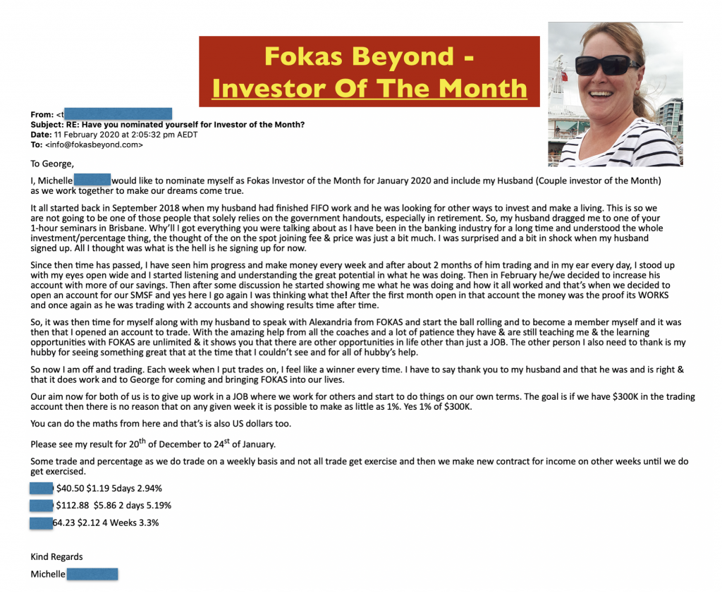 Michelle, Fokas Beyond's Investor of the Month - Testimonials and Review