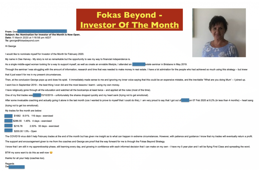 Dee, Fokas Beyond's Investor of the Month - Testimonials and Review