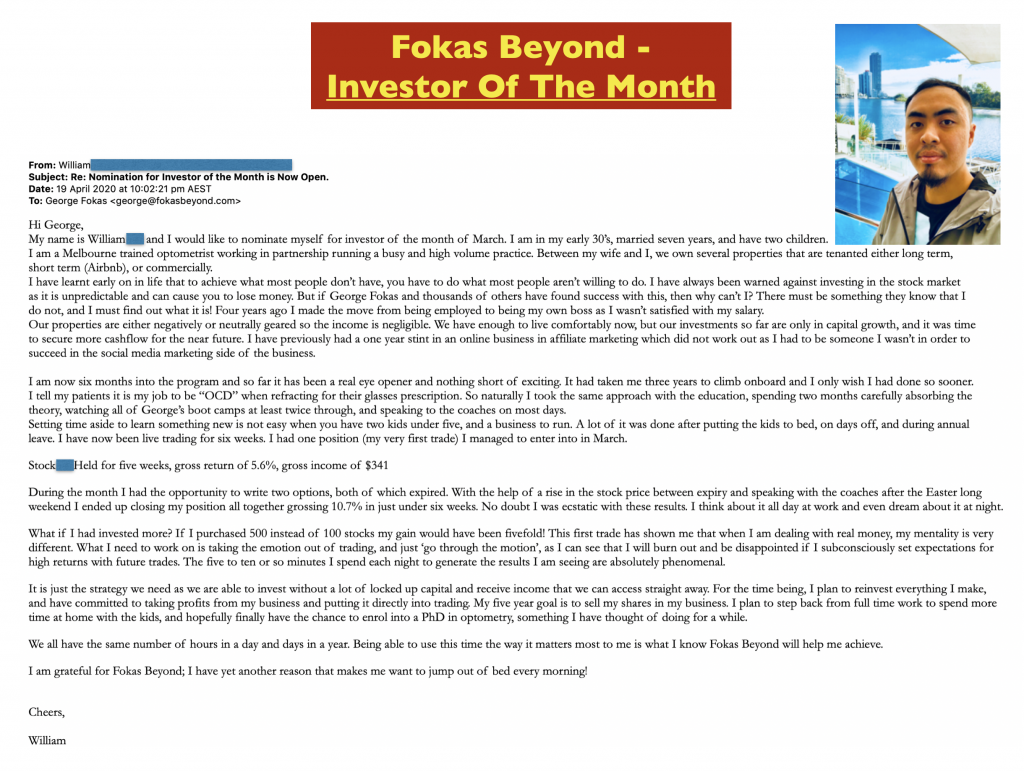 William, Fokas Beyond's Investor of the Month - Testimonials and Review