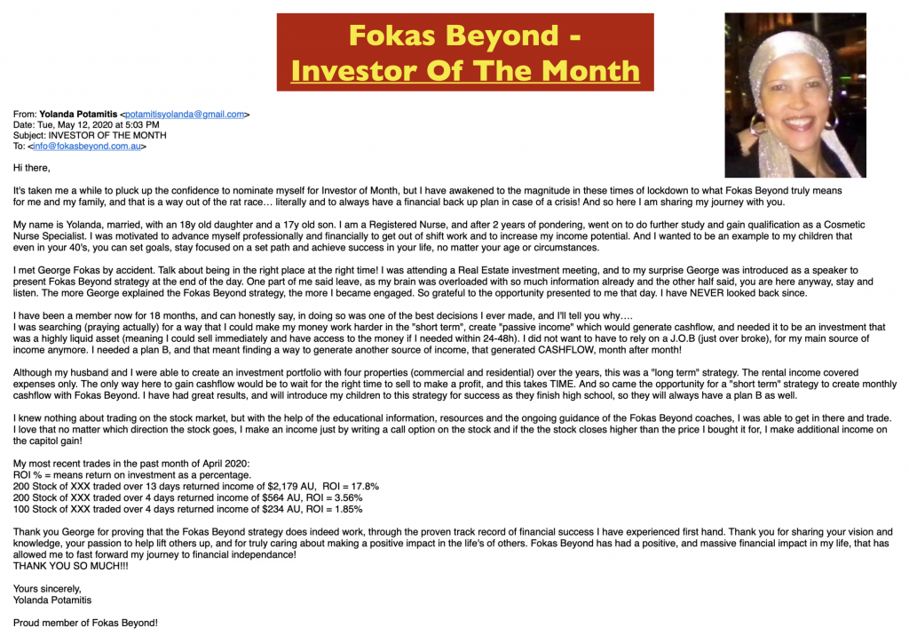 Yolanda, Fokas Beyond's Investor of the Month - Testimonials and Review