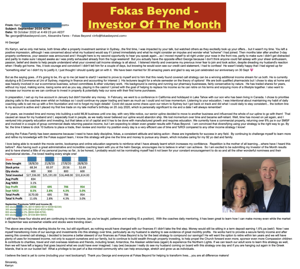 Kerryn, Fokas Beyond's Investor of the Month Testimonials and Review